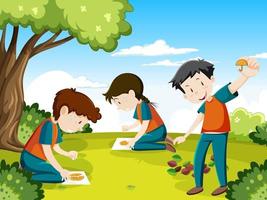 Children playing scratch dalgona cookie at the park vector