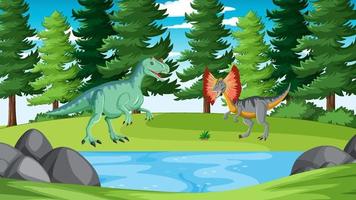 escena de la naturaleza con estanque y dinosaurio vector