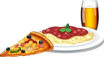 Spaghetti pizza and beer vector