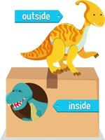 Preposition wordcard with dinosaurs and box vector