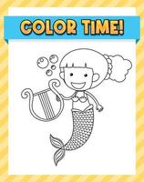 Worksheets template with color time text and Mermaid outline vector