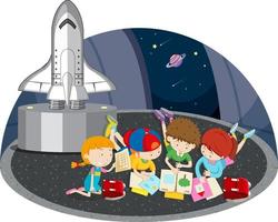 Astronomy theme with kids and spaceship vector