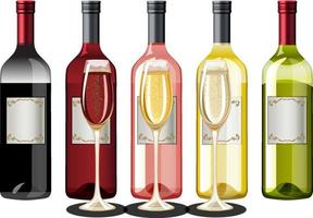 Different wine bottles and glasses vector