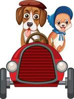 Funny dog cartoon character driving car on white background