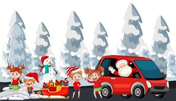 santa claus conduciendo coche con niños felices en tema navideño vector