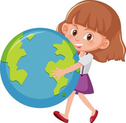 Cute girl hugging earth globe in cartoon style