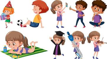 Set of children doing different activities on white background vector