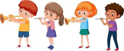 Set of different children playing flute and trumpet vector