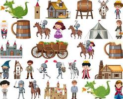Medieval characters buildings set vector