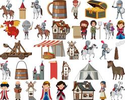 Medieval characters buildings set vector