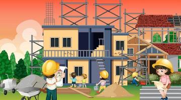 Building house construction site and workers vector