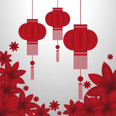 Chinese paper cutting lanterns and flowers on a white background