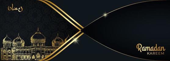 Ramadan Islamic banner background illustration. dark and gold color with mosque sketch.