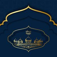 Islamic greetings ramadan kareem card design background With a golden mosque sketch and a blue or navy background vector