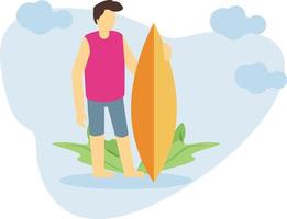 un niño de pie con una tabla de surf. vector