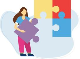 A girl standing with a piece of puzzle. vector