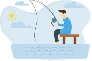 The boy sitting on a bench wiith a fishing rod. vector