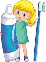 una niña sosteniendo pasta de dientes y cepillo de dientes sobre fondo blanco vector
