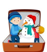 Christmas theme with dad and son build a snowman in a luggage on white background vector