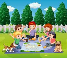 A natural scene landscape with children playing boardgame vector