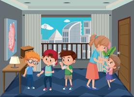 Living room scene with family members in cartoon style vector