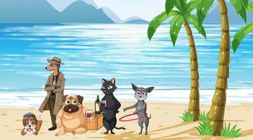 Set of different domestic animals on the beach scene vector