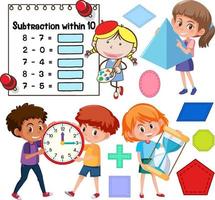 Math classroom objects with supplies and students vector