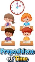 Preposition wordcard design with kids learning time vector