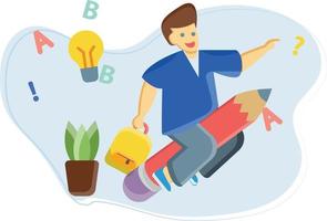 The boy is flying on a pencil with a school bag in his hand. vector