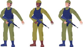 Soldiers in military uniform semi flat color vector characters set