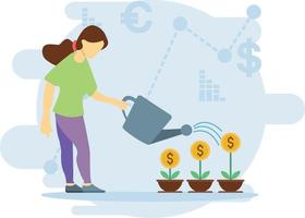 The girl watering the dollar plant. vector