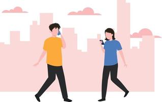 A boy and girl is walking and using their mobile phones. vector