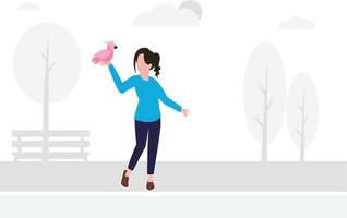 A lady is standing with a parrot in her hand. vector