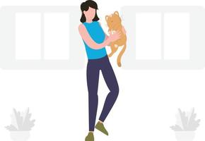 The girl is playing with her pet cat. vector