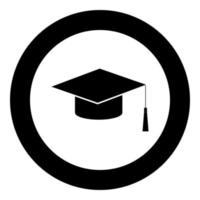 gorra de graduación icono negro en la ilustración de vector de círculo aislado.