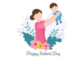 Happy Mother Day Flat Design Illustration. Mother Holding Baby or with Their Children Which is Commemorated on December 22 for Greeting Card or Poster vector