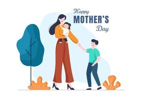 Happy Mother Day Flat Design Illustration. Mother Holding Baby or with Their Children Which is Commemorated on December 22 for Greeting Card or Poster vector