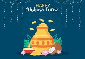 festival akshaya tritiya con un kalash dorado, olla y monedas de oro para la celebración de dhanteras en indio en la ilustración de plantilla de fondo decorada vector