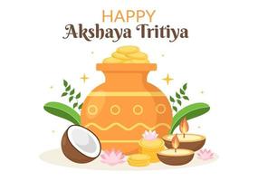 festival akshaya tritiya con un kalash dorado, olla y monedas de oro para la celebración de dhanteras en indio en la ilustración de plantilla de fondo decorada vector