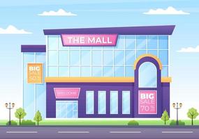 Modern Shopping Mall Building Background Illustration with Exterior and Various Shops Inside in Flat Style Design vector