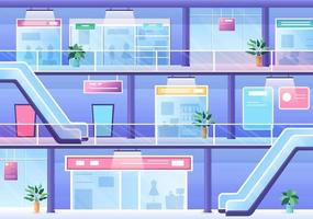 Shopping Mall Modern Background Illustration with Interior Inside, Escalator and Various Retail Store in Flat Style Design vector