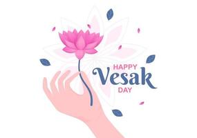 celebración del día de vesak con silueta de templo, linterna o decoración de flores de loto en ilustración de fondo de caricatura plana para tarjeta de felicitación o afiche vector