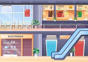 Shopping Mall Modern Background Illustration with Interior Inside, Escalator and Various Retail Store in Flat Style Design vector