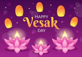 celebración del día de vesak con silueta de templo, linterna o decoración de flores de loto en ilustración de fondo de caricatura plana para tarjeta de felicitación o afiche vector