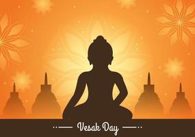 Vesak Day Celebration with Temple Silhouette, Lotus Flower Decoration, Lantern or Buddha Person in Flat Cartoon Background Illustration for Greeting Card vector