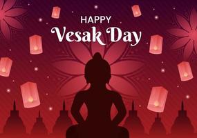 celebración del día de vesak con silueta de templo, decoración de flores de loto, linterna o persona de buda en ilustración de fondo de caricatura plana para tarjeta de felicitación vector