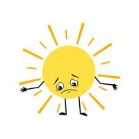 Cute sun character with sad emotions, depressed face, down eyes, arms and legs. Person with melancholy expression and pose. Vector flat illustration