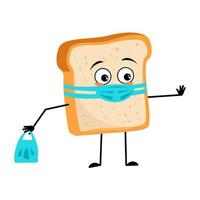 Cute bread character with face in medical mask and keep distance, hands with shopping bag and stop gesture. Baking person, homemade pastry with care expression. Vector flat illustration