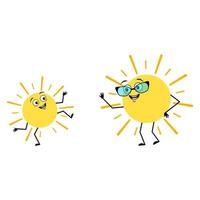 Cute sun character with glasses and grandson dancing character with happy emotion, joyful face, smile eyes, arms and legs. Person with funny expression and pose. Vector flat illustration