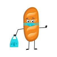 lindo personaje de pan con cara en máscara médica y mantener distancia, manos con bolsa de compras y gesto de parada. persona para hornear, pastelería casera con expresión de cuidado. ilustración plana vectorial vector